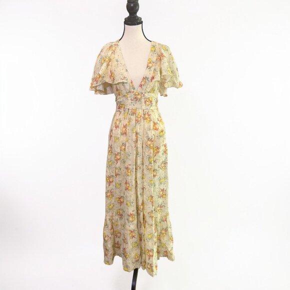 DÔEN Tarragon Floral Maxi Dress NWT Size M Yellow Prairie Flutter Sleeve - Picture 3 of 12